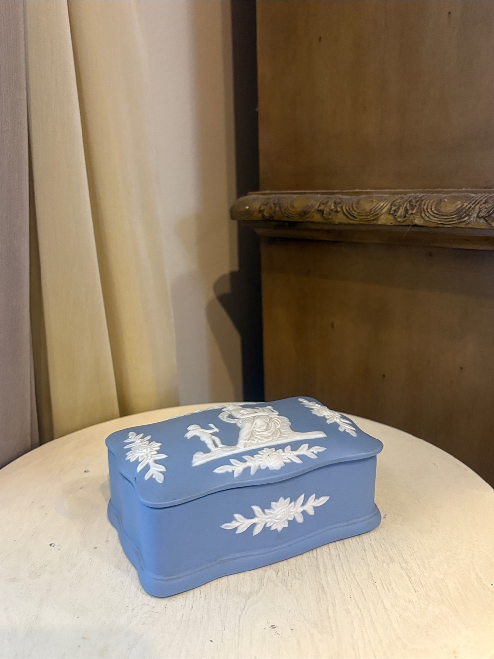 Ceramic Blue Jasperware-Style Trinket Box with White Relief